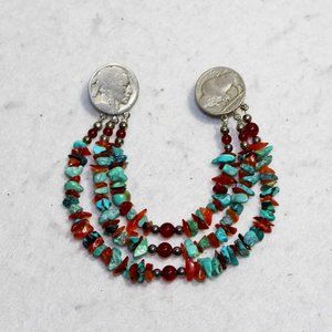 Vintage Vest Pin Turquoise and Carnelian Indian head nickel